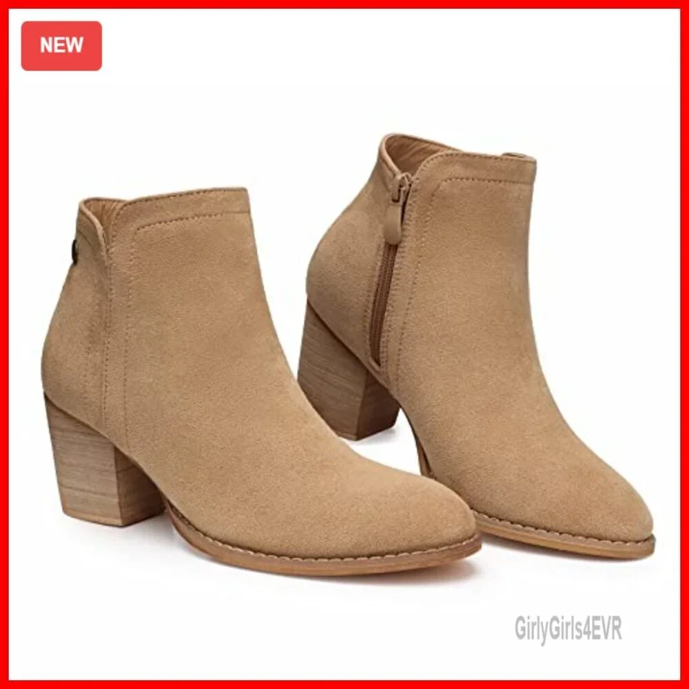 Faux Suede Ankle Booties with Chunky Low Heel Almond Toe Zipper Closure - Picture 6 of 7
